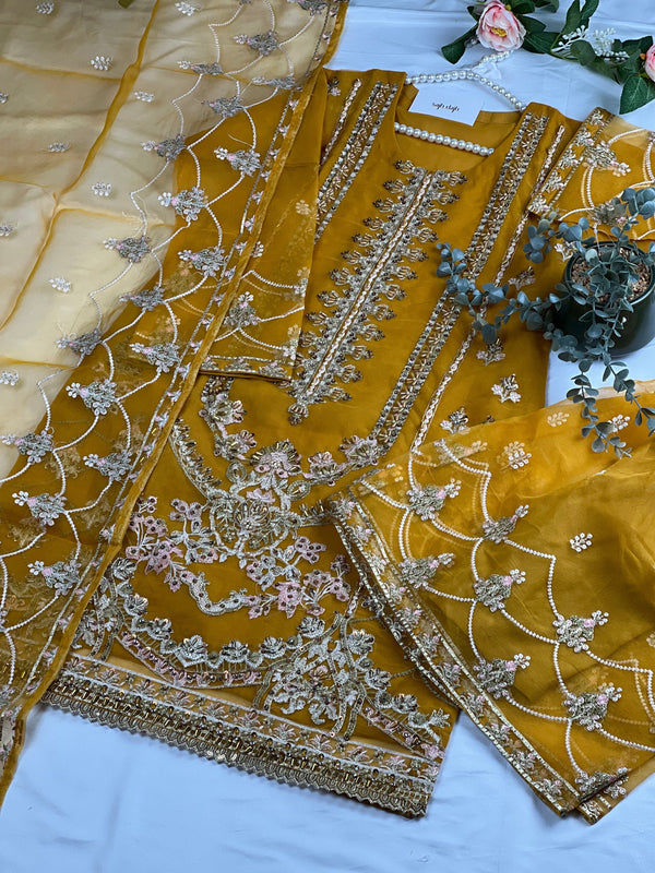 Sajh Dajh Rani - Luxury Organza Ready to Wear Gharara Suit in Mustard - D6